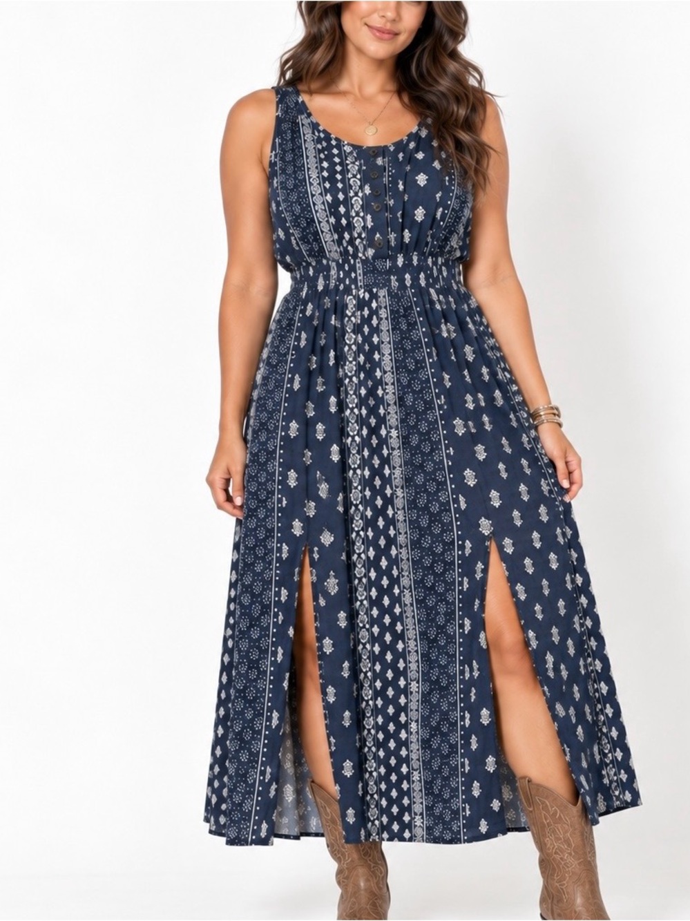 New Look Blue Boho Paisley Floral Maxi Dress 1X Slit Rayon